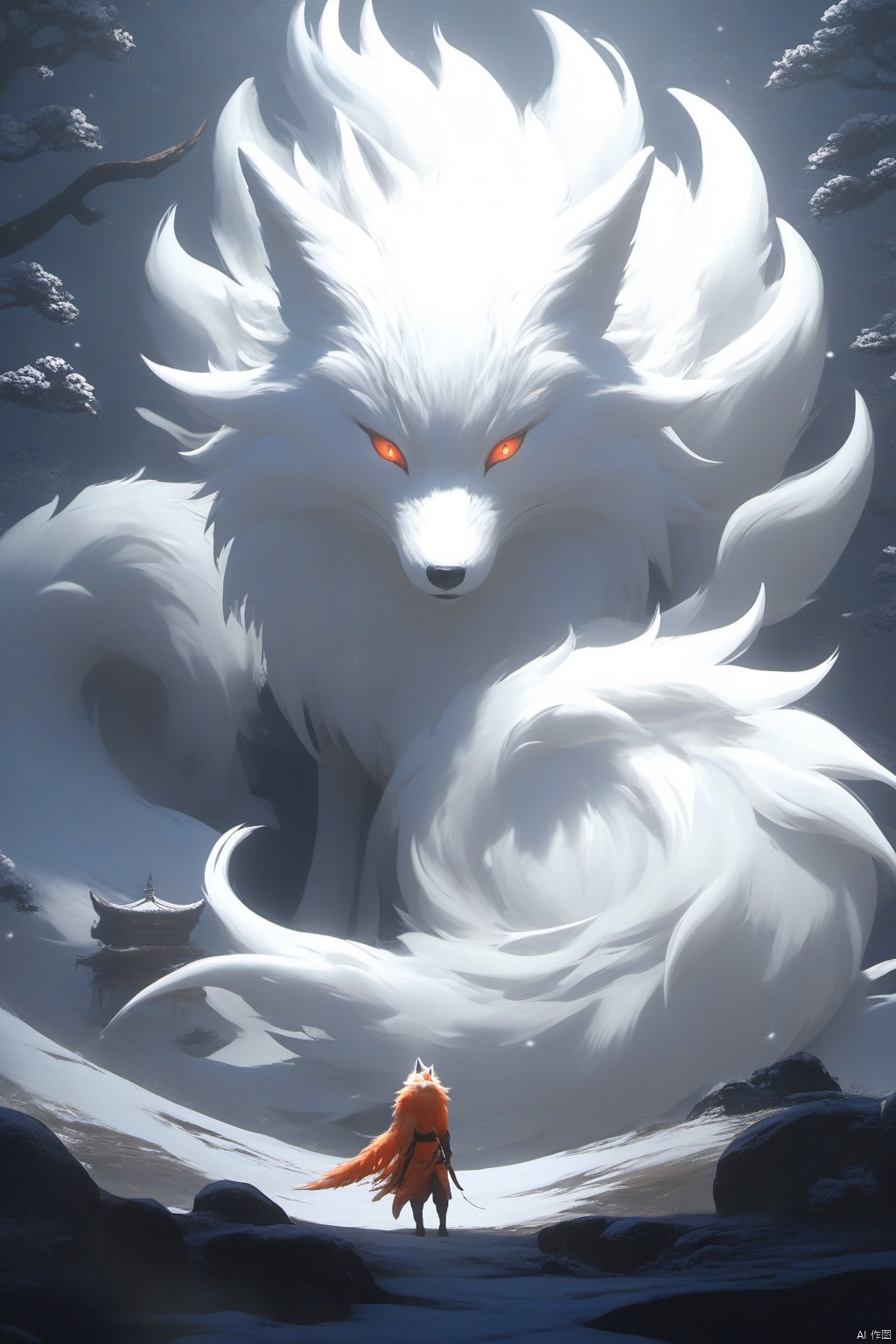  shanhaijing,a Nine-tailed fox,(9 tails:1.3),White fur,In the strange woods, the branches twist strangely,full body,3/4 profile image,wide-angle lens,panoramic view