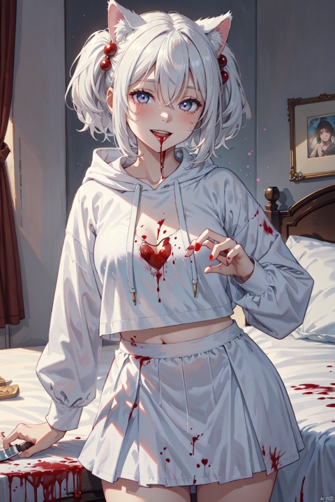 masterpiece, 1girl, mature female, afro hair, white hair, big thigs, fat body, yandere face, knife in the hand, heart-shaped pupils, blood on face, blood on clothes, white small skirt, hoodie with cat ears, scar on face, hair between eyes, smiley face, canine teeth, fat, fat, solo, bedroom, blood in mouth, afro, afro puffs