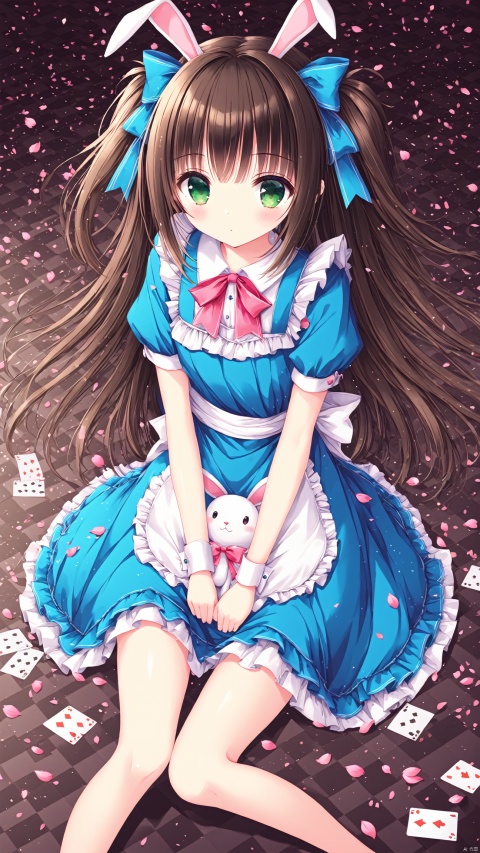  masterpiece, best quality, 1girl, long hair, green eyes, checkered floor, stuffed toy, stuffed animal, solo, dress, black hair, bow, hair bow, playing card, card, stuffed bunny, petals, looking at viewer, blush, wrist cuffs, blue dress, apron, short sleeves, heart, frills, sitting, bangs，hyper super ultra detailed perfect piece, 8k, illustration, 1girl, brown hair, medium hair, evil, villain, beast tamer, beast, wild, glitch, pixelated, error, chromatic aberration, RGB