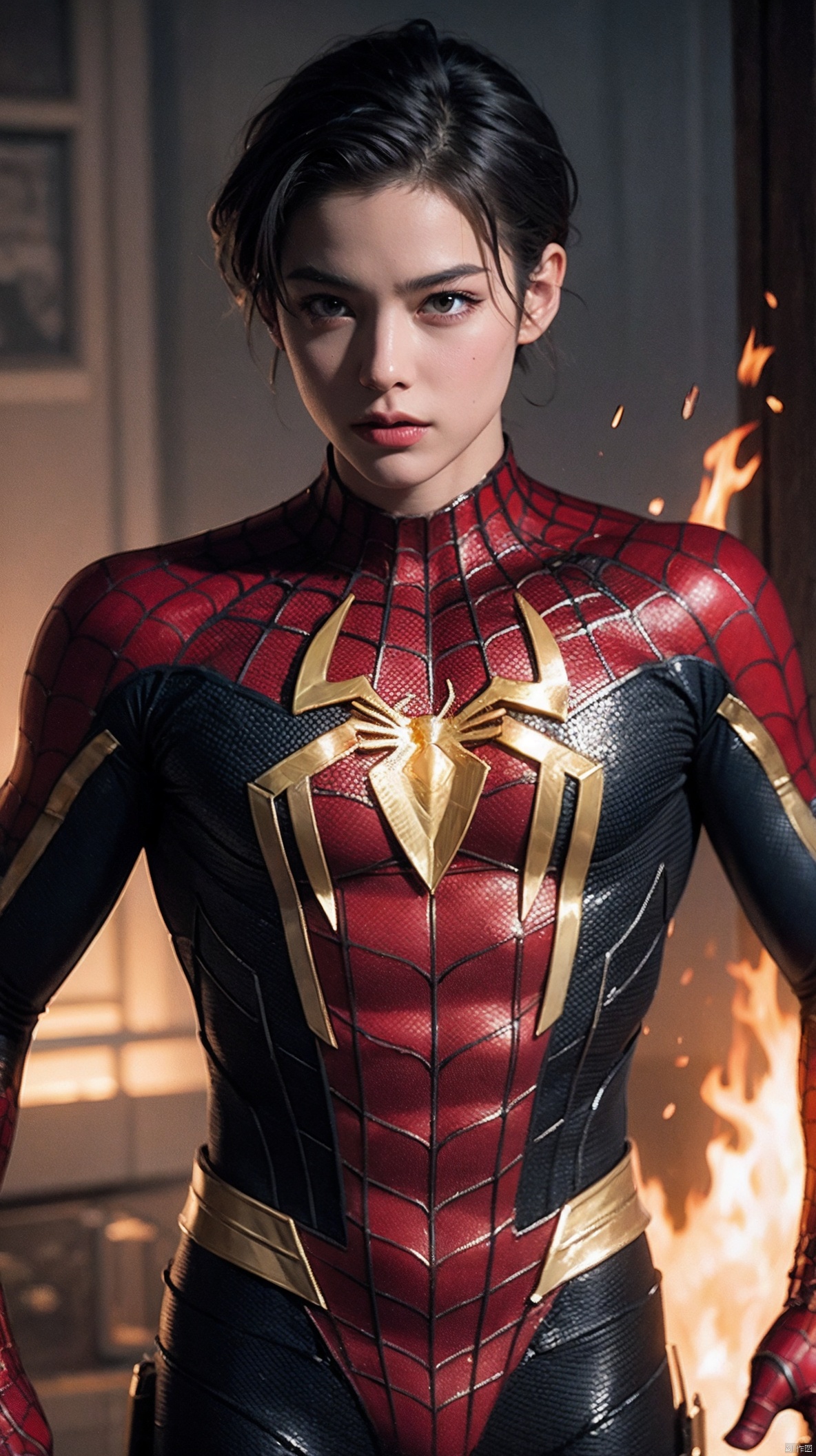 Spiderman,with gold armor,with fire web high quality and realism extremely detailed 4K