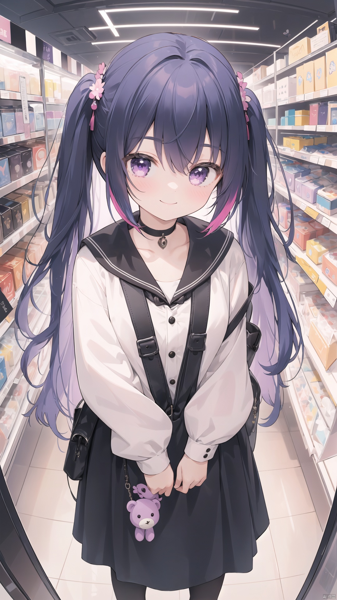  masterpiece,best quality,(colorful:1.4),from above,solo,1girl standing in a store with lots of stuffed animals on the shelves and a bag of stuff,black and blue hair color,purple eyes,smiling,depth of field,fisheye lens