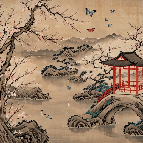  Detailed ukiyo-e of a butterfly garden, Cherryblossom,epiclight,Ukiyo-e,colorful,Illustration,月上枝头