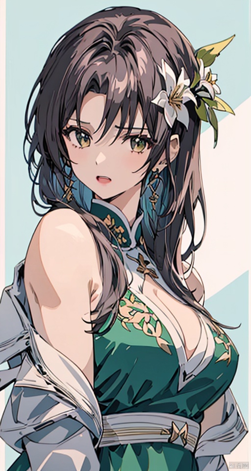  (best quality), ((masterpiece)), (highres), illustration, original, extremely detailed,yuan1girl, branch, long hair, solo, green dress, flower, brown hair, dress, hair ornament, chinese clothes, upper body, teeth, long sleeves, green background, looking at viewer