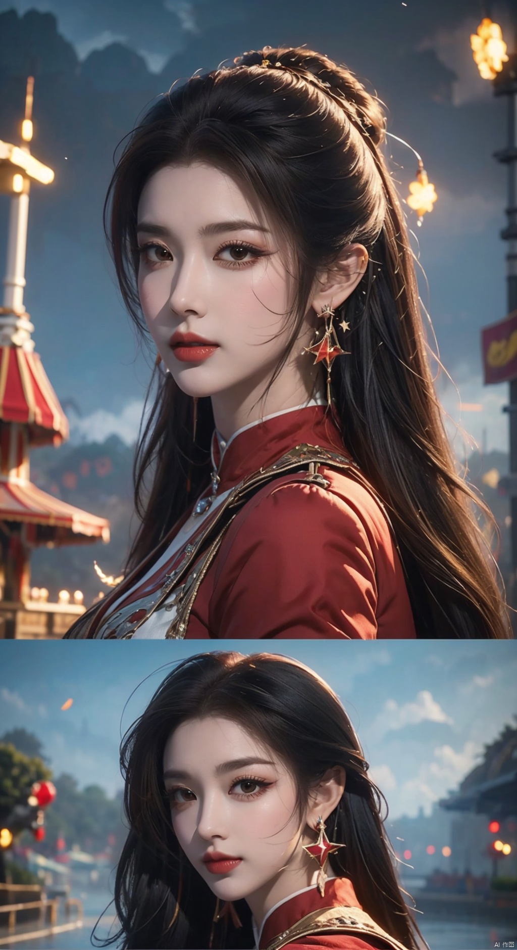  1girl, dance, Fairy, crystal, jewels,black, wings,All the Colours of the Rainbow, Crystal clear,solo, long hair, looking at viewer,black hair,jewelry, earrings,lips, makeup, portrait, eyeshadow, realistic, nose,{{best quality}}, {{masterpiece}}, {{ultra-detailed}}, {illustration}, {detailed light}, {an extremely delicate and beautiful}, a girl, {beautiful detailed eyes}, stars in the eyes, messy floating hair, colored inner hair, Starry sky adorns hair, depth of field,zj,
blue hair, 
, dofas, (\meng ze\)，(Isometric Perspective:1.5),(Pixar Style:1.2),Amusement Park,Ferris Wheel,Circus,monkey,lion,tiger,flag,multimorph model game asset,pixel art,minecraft,LEGO style,tilt displacement,IP,blender,OC render,best quality,4k,super detail