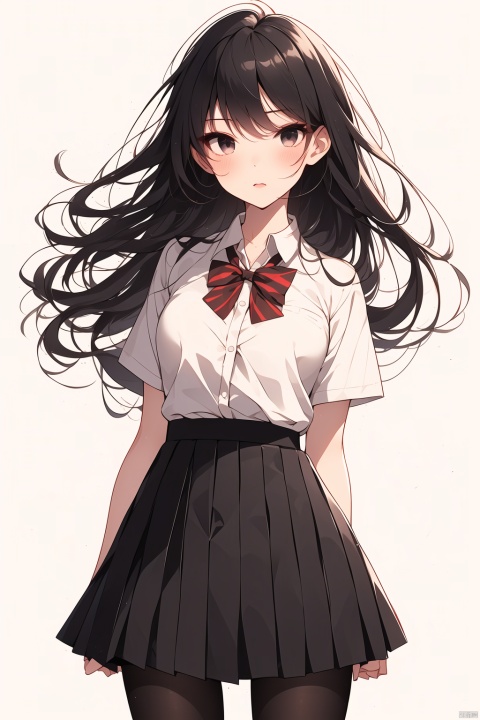 cute, komi_shouko, black eyes, black hair, long hair, school uniform, red bowtie, white shirt, collared shirt, short sleeves, striped, pleated skirt, red skirt, black pantyhose