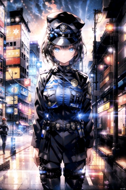 1girl,Beautiful,standing,looking at viewer,(black police uniform:1.5),at night,city background