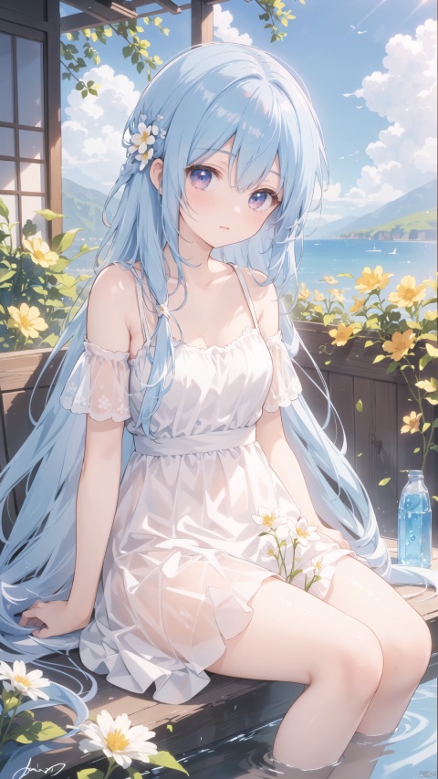  best quality, masterpiece, illustration, (reflection light), incredibly absurdres, (Movie Poster), (signature:1.3), (English text:1.3), 1girl, girl middle of flower, pure skyblue hair, red eyes, clear sky, outside, collarbone, loli, sitting, absurdly long hair, clear boundaries of the cloth, white dress, fantastic scenery, ground of flowers, thousand of flowers, colorful flowers, flowers around her, various flowers,Hyper realistic scene,cosmetic bottle surrounded by yellow flowers,blue sky background,water,sunlight,low angle view,blender,product rendering,HD 8K. --v6