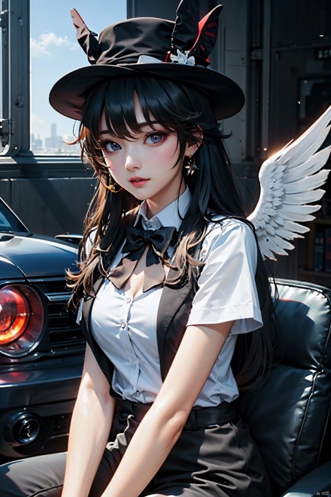 black_top_hat, black_tuxedo, bow_tie, black_slacks, white_shirts_oficial, hold_cane, <lora,more_details,0.5>, black_hair, red_eyes, red_halo, 2_black_wings, beautiful_hair, beautiful_eyes, 1_beautiful_girl, cute_face, beautiful_face, beautiful, best_quality, good_anatomy