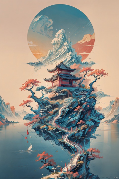  Ultra-high definition, artistic sense, minimalist posters, sea of clouds, Hui-style architecture on the ground, Yangzhou thin West Lake hides an underwater Chinese garden, artistic conception, simple and simple, ancient rhyme left blank，8k wallpaper, cyber city, tokyo, big future city