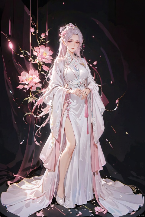  llustration), long hair, (masterpiece), cinematiclighting, bloom, ray tracing,
1girl, (mature female), , Sexy, pink eyes, long hair, hair_flower, whitedress, full body, houtufeng