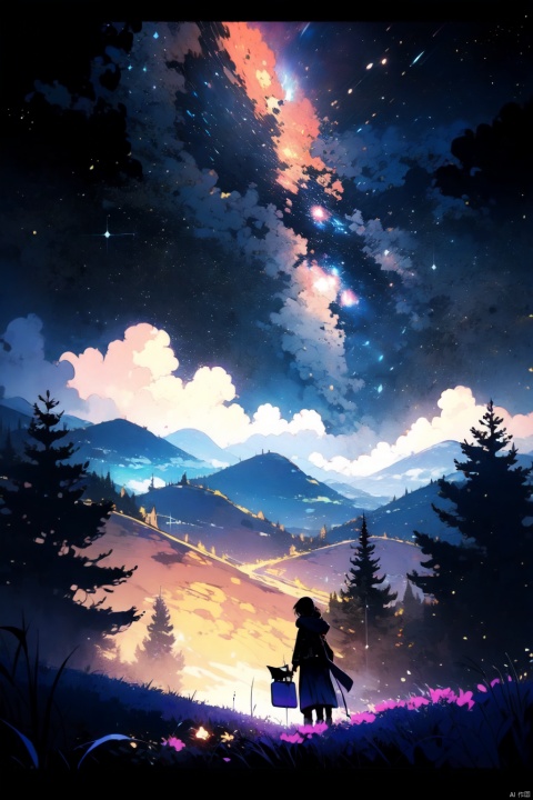 expansive landscape photograph,(a view from below that shows sky above and open field below),a girl standing on flower field looking up,(full moon:1.2),( shooting stars:0.9),(nebula:1.3),distant mountain,tree BREAK
production art,(warm light source:1.2),(Firefly:1.2),lamp,lot of purple and orange,intricate details,volumetric lighting BREAK
(masterpiece:1.2),(best quality),4k,ultra-detailed,(dynamic composition:1.4),highly detailed,colorful details,( iridescent colors:1.2),(glowing lighting,atmospheric lighting),dreamy,magical,(solo:1.2)