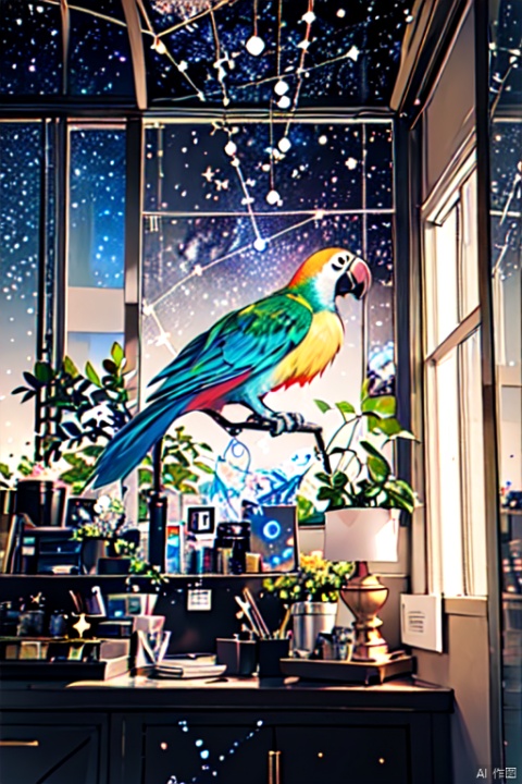 illustration of parrot, allure of starry night sky with myriad of twinkling stars, constellations, Milky Way, window art, glass painting, transparent designs, colorful patterns, light-filled displays, creative installations, temporary creations