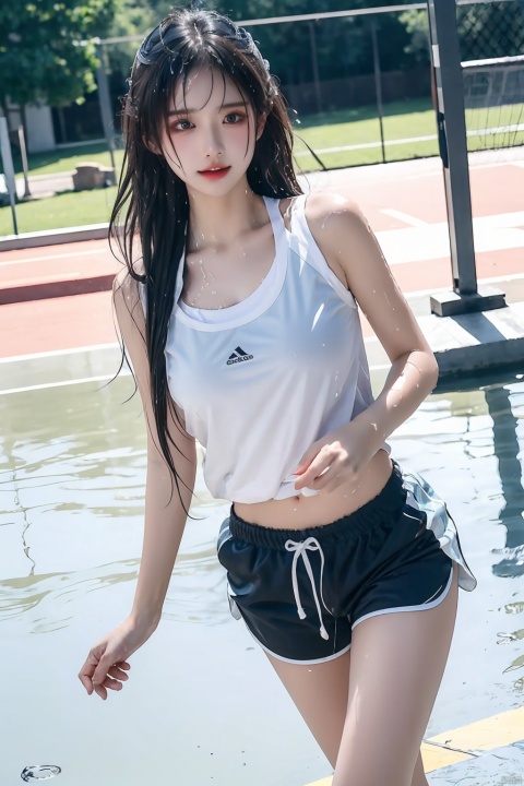  （（（（brassiere showing through wet sports white t shirt that is wet from sweat, school sports shorts, jogging around schoolyard, a face distorted by tired, sweat, black medium hair, messy hair, cute））））（masterpiece, high quality, best quality, 8k, more details)