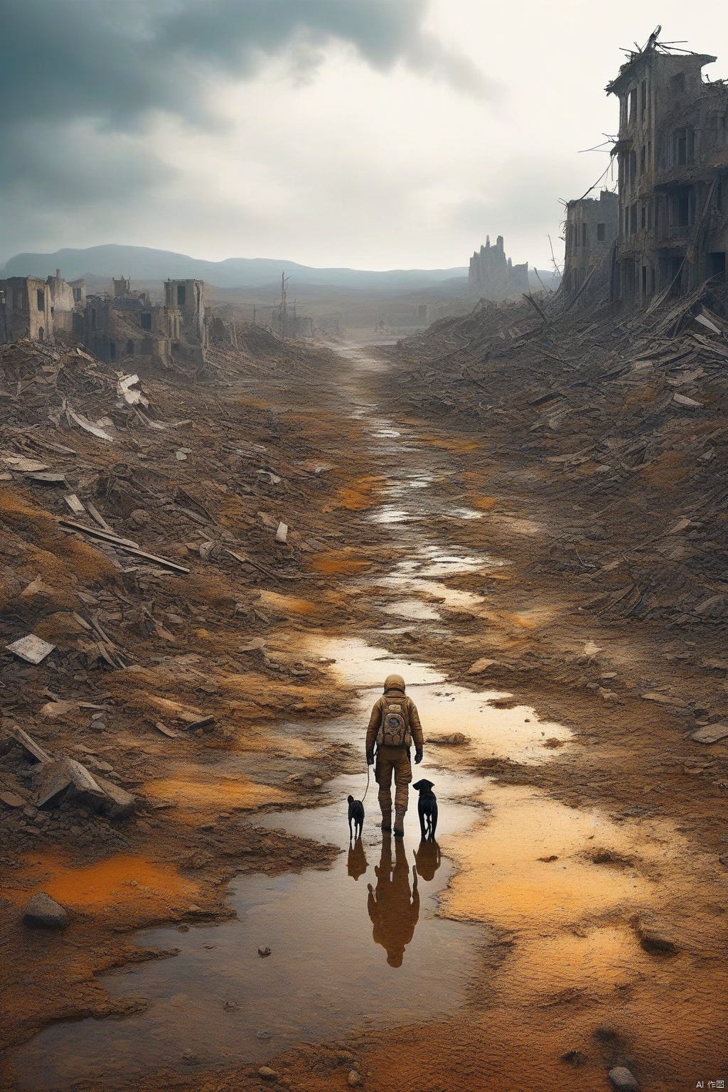 8k,RAW photo,best quality,masterpiece,ultra high res,ultra detailed,illustration,close up,astonaut,environment only,Post-apocalyptic wasteland,third person,a lonely male with a dog standing on a road amidst the ruins
