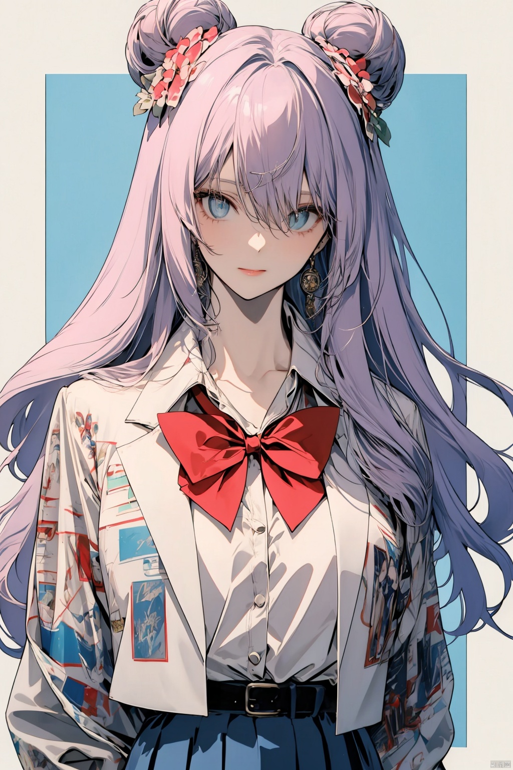 Long hair, light blue hair, pink streaks of hair, space bun hairstyle, flower hairpin, blue eyes, long-sleeve, button-up white shirt, a gray jacket with blue-green stripes, a red bow, dark blue-green pleated skirt, school background, add_detail:1, add_detail:0, add_detail:0.5