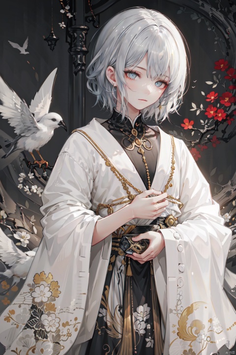realistic, masterpiece,top quality,best quality,official art,beautiful and aesthetic,extremely detailed,fractal art,colorful,highest detailed,zentangle,(abstract background:1.5),(1boy:1.3),(birds),silver hair,bright eyes,hair slicked back,short hair,black robe