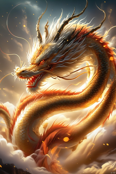  Chinese dragon side view flying up with red scales, gold body, in a realistic photograph on a clear background, black and white