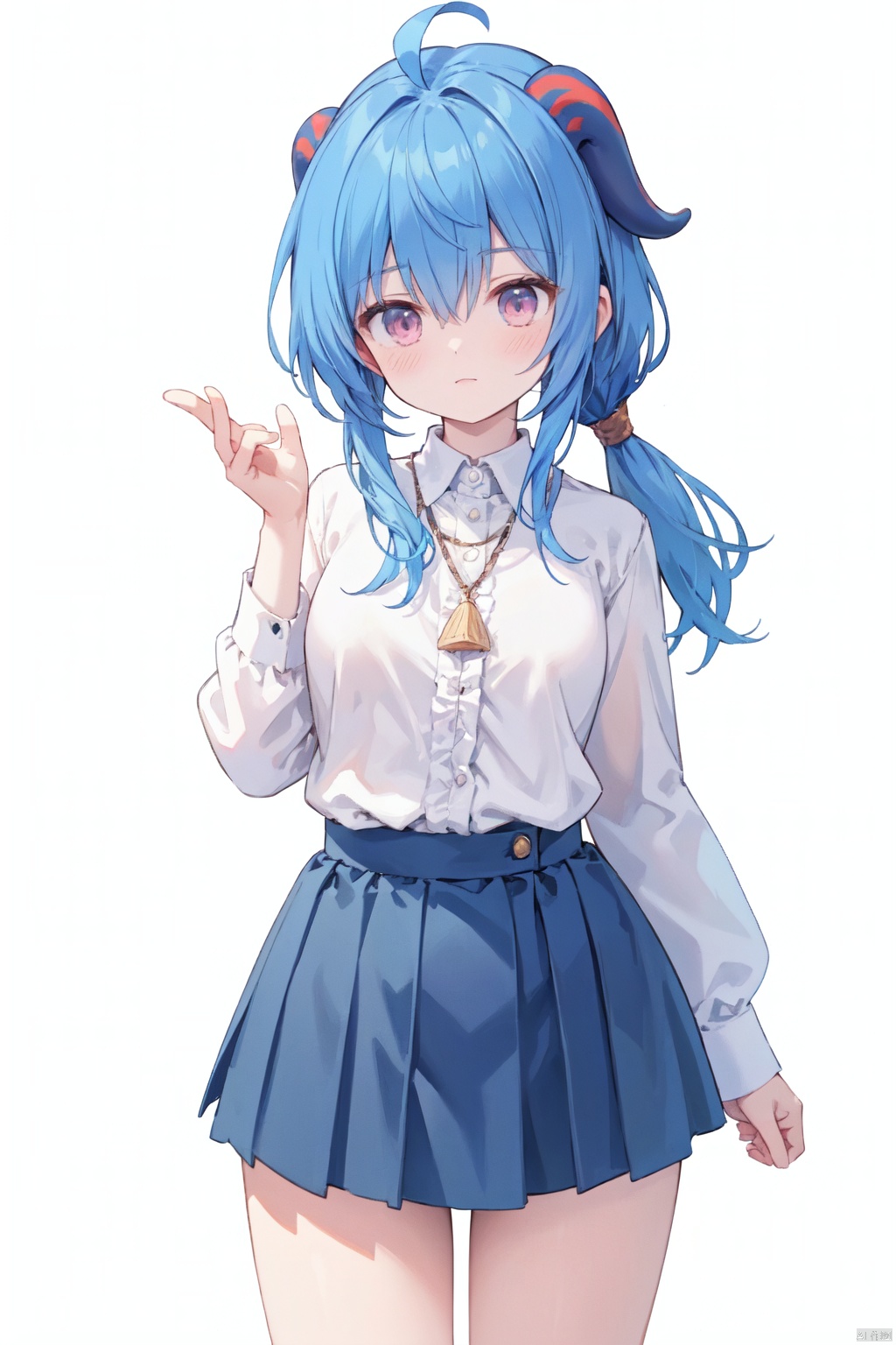  horns,(collared shirt),(low ponytail),1girl, solo,(long hair),white and blue hair,pink eyes,Hair tip,cowboy_shot,thigh,(frilled shirt:1.1),blue skirt,(thigh),bare thigh,medium_breasts,Neck,flower,dress,architecture,grass,sunny,ganyu,ahoge,hand up,cute tiny  hyperrealistic white tiger with different color eyes waring a necklace, Chibi, adorable and fluffy, logo design, cartoon, cinematic lighting effect, charming, 3D vector art, cute and quirky, fantasy art, bokeh, hand-drawn, digital painting, soft lighting, isometric style, 4K resolution, photorealistic rendering, highly detailed clean, vector image, photorealistic masterpiece, professional photography, simple space backdrop, flat white background, isometric, vibrant vector