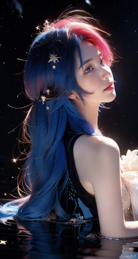emikukis, multicolored hair, blue hair, pink hair, best quality, master piece, Night, Sky, Stars, Star, Starry Sky, Beauty, Galaxy, Galaxies, Water, Reflection, Reflective, Glass, Girl, POV, Moon, Stars, Nighttime, Scenery, Night, Sky, Stars, Star, Starry Sky, Beauty, Galaxy, Galaxies, Water, Reflection, Reflective, Glass, Girl, POV, Moon, Stars, Nighttime, Scenery, emikukis, multicolored hair, blue hair, pink hair, best quality, master piece