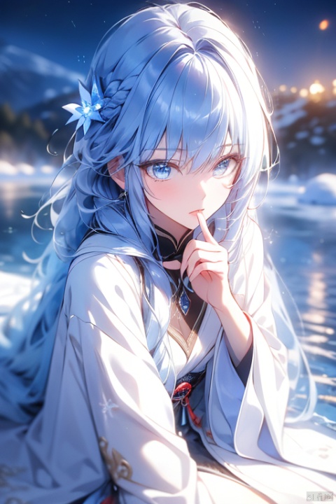  best quality ,masterpiece, ultra-detailed, highres, a girl, extremely detailed eyes and face, light on face,cinematic lighting,turning around,looking down,(put finger to lips,shushing:1.2), Sitting on a small ice mound,side sitting,silver hair,fluffy bangs, long hair,hair strand,wind,depth blue and light blue eyes,white detail robe，Fireworks, mountains, moonlight