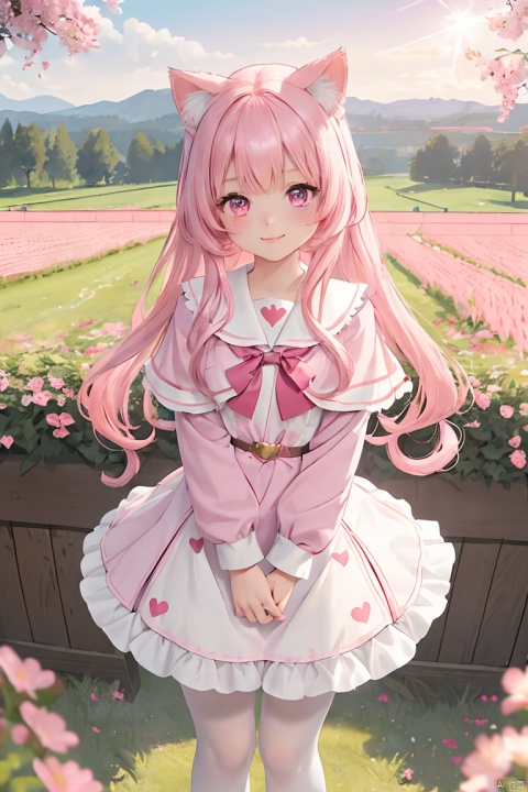  Masterpiece, best quality, ultra detailed, extremely detailed, sharp focus, 1 girl, long pastel purple hair, pink eyes, sailor school uniform, unzipped pink jacket, Cat ears, Cat tail, outside, flowers ,add_detail:1, add_detail:0, add_detail:0.5, more prism, vibrant color, white pantyhose, cuteloli，1girl, solo, peasant girl, cat ear, cattail, long sleeve, capelet, ribbon, pink hair, (frills:1.1), lace, Amber eyes, cute, kawaii, looking at viewer, standing, illustration, shy, smile, holding a heart shape box, Arms in front, magic fantasy style, from above, (pink tone:1.1), (red tone:1.1), (light red theme:1.1), outdoor, Flower field, detailed landscapes, lens flare, halation, Deep depth of field, (intricate:1.3),