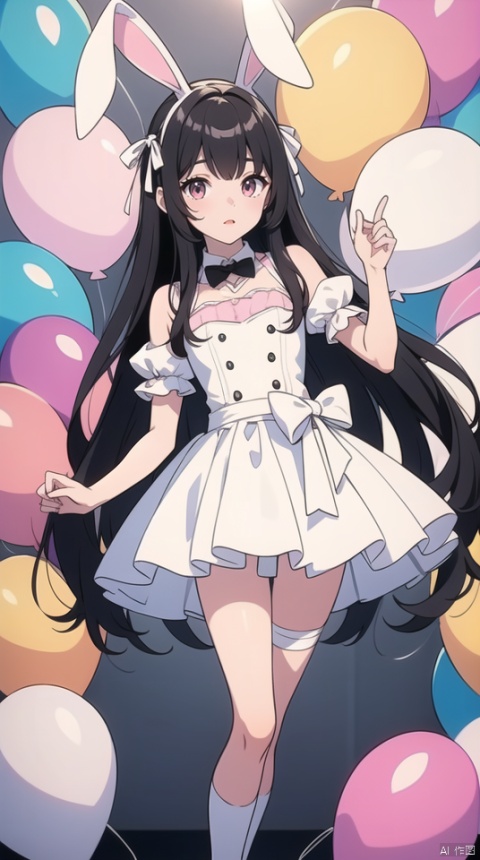 a cartoon girl with long hair and an elaborate hat and dress next to some pink and black balloons, 1girl, solo, halo, animal ears, black hair, wings, rabbit ears, pink eyes.pink bunny balloon.A long white ribbon on the balloon.rabbit shaped balloon.Mascot of many small white rabbits on the waist.white bunny ears on the head.light colored eyes.light colored mesh.white and black ribbon.long socks that reach above the knee.One of the socks is white and the other is black.There's a little bandage on my leg.balloons only pink.