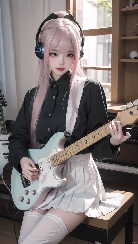  Slightly fat, slim figure, solo, Park, one-piece stockings, white high pants, white dress, thick thighs, white hair, ponytail, 1girl, Barbara (influenced by Yuanxin)，masterpiece,best quality,1girl,solo,black skirt,blue eyes,electric guitar,guitar,headphones,holding,holding plectrum,instrument,long hair,music,one side up,pink hair,playing guiter,pleated skirt,black shirt,indoors