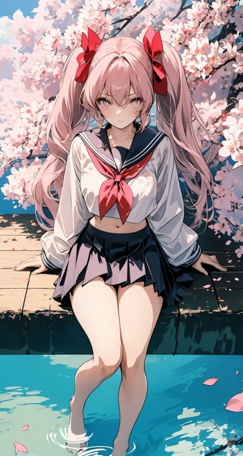  1girl, solo, long_hair, pink_hair, cherry_blossoms, skirt, very_long_hair, ripples, school_uniform, twintails, black_skirt, reflection, serafuku, from_above, neckerchief, shirt, pleated_skirt, pink_eyes, sailor_collar, long_sleeves, black_shirt, flower, black_serafuku, sitting, water, looking_up, bangs, looking_at_viewer, petals, closed_mouth, black_sailor_collar