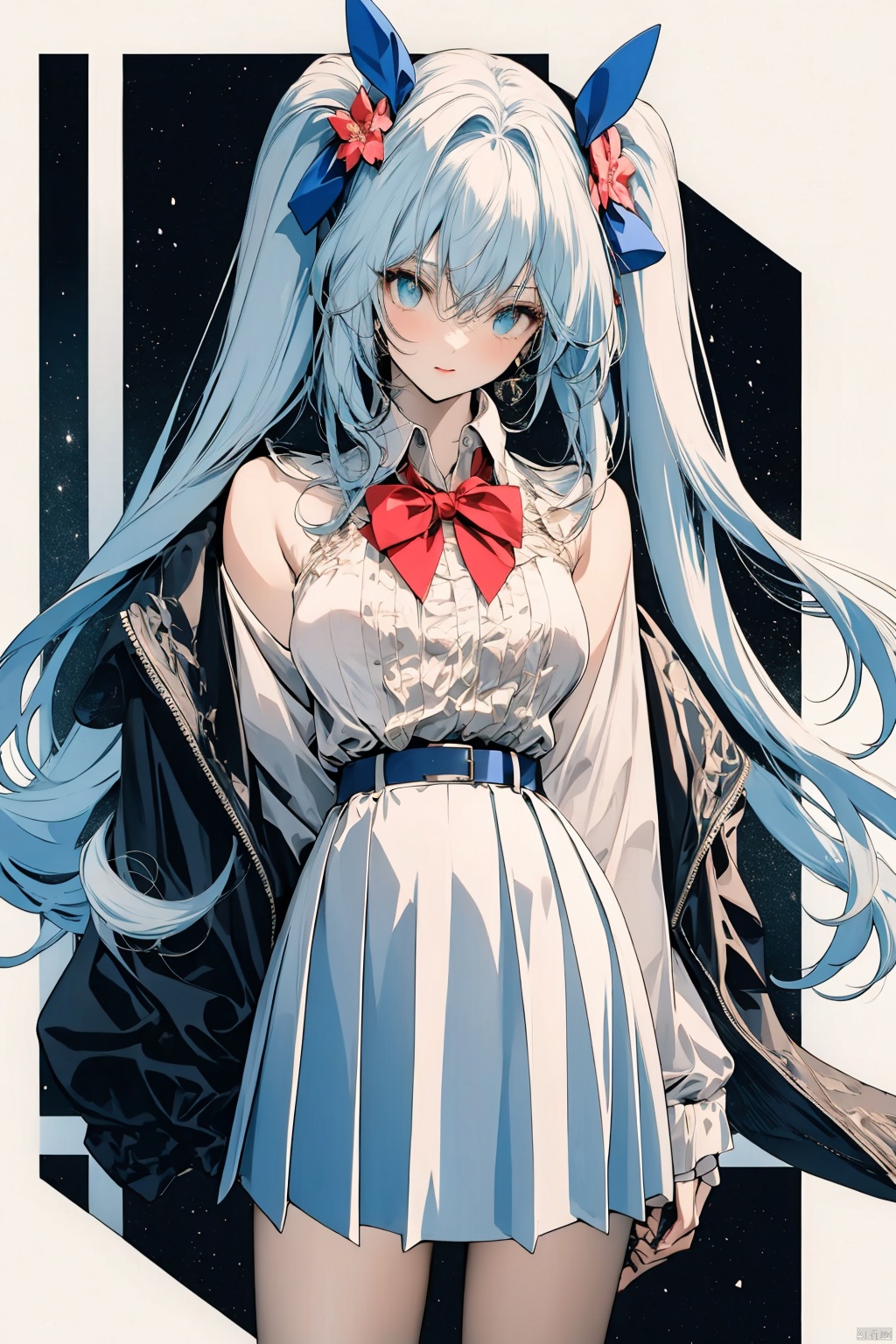  no cloth, cute girl，Long hair, light blue hair, pink streaks of hair, space bun hairstyle, flower hairpin, blue eyes, long-sleeve, button-up white shirt, a gray jacket with blue-green stripes, a red bow, dark blue-green pleated skirt, school background, add_detail:1, add_detail:0, add_detail:0.5