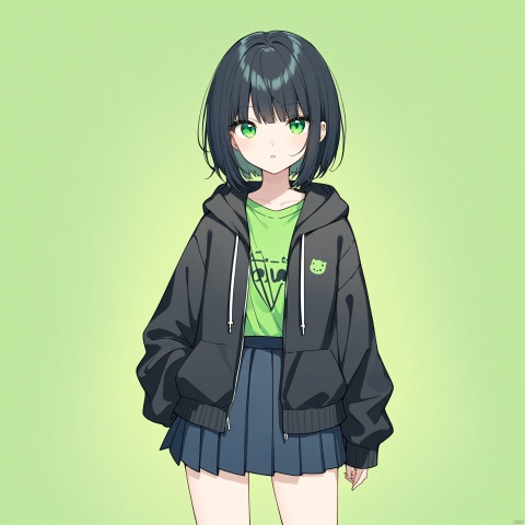 1 girl, black hair, cool, bright green eyes, dark green T-shirt, dark blue mini pleated skirt, black hoodie jacket, bob hair