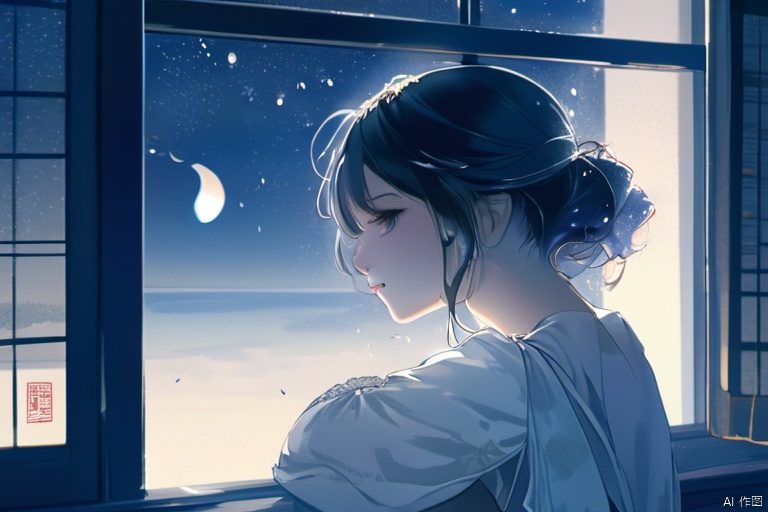 ((masterpiece,best quality)), ink-painting,highres, 1girl, furina, heterochromia, tears in eyes, smile, long sleeves, looking back,
The girl sits by the window, with moonlight casting a glow on her face, accentuating the crystal tears. She bows her head slightly, her hands supporting her chin, as silent tears trickle down, exuding a serene sadness. The nocturnal background contrasts sharply with her tears, creating a hauntingly beautiful atmosphere., MAJICMIX STYLE