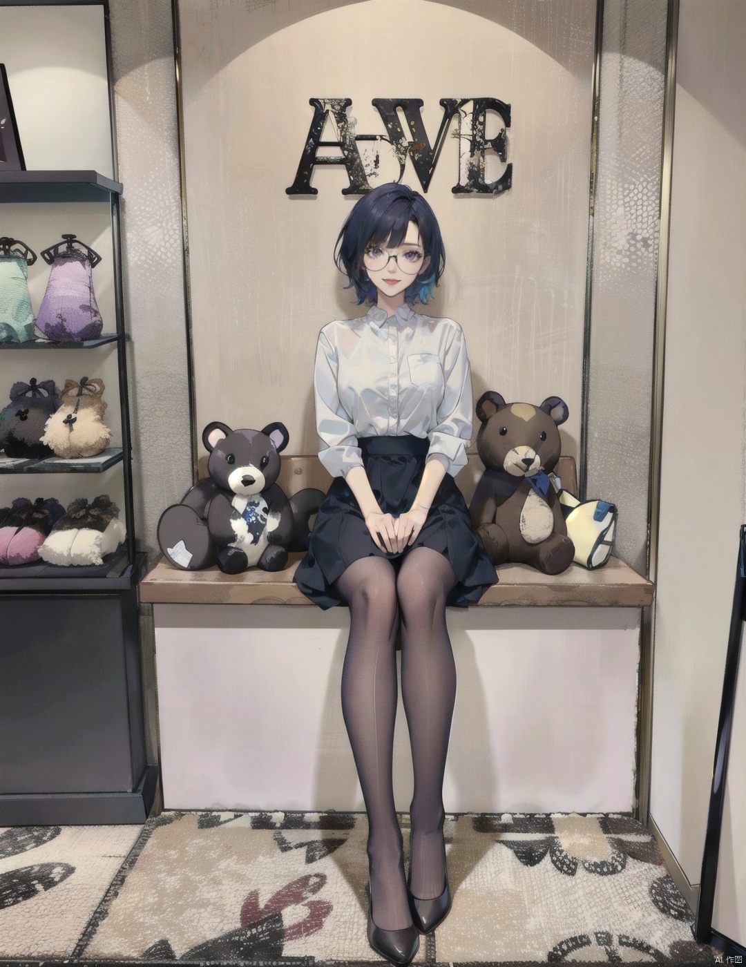  1girl, solo, full body, black hair, outdoors, streets,street,city,black pantyhose,siji high heels,black frame glasses,sitting on the railing. masterpiece,best quality,(colorful:1.4),from above,solo,1girl standing in a store with lots of stuffed animals on the shelves and a bag of stuff,black and blue hair color,purple eyes,smiling,depth of field,fisheye lens
