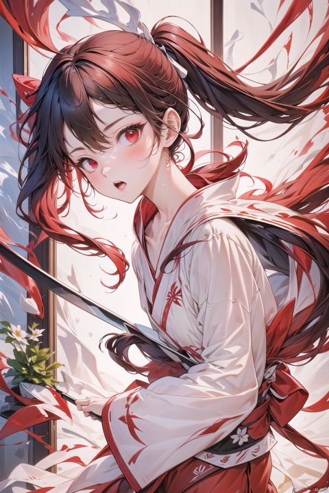  1girl, solo, red hair, long hair, twintails, red eyes, open mouth, ribbon, ahoge, hair ribbon, jacket on shoulders, collarbone, black ribbon, jacket, hair between eyes, looking at viewer, upper body,japanese clothes, kimono, bangs,attacking,battle field,full body,dynamic pose,dynamic angle,holdig weapon,katana,(red tone color),white background，High quality, masterpiece, interior scene, cartoon game scene, luxury hotel lobby, luxury marble floor, white marble curtain wall, solid wood door, light wood furniture, leather sofa, lush green flower pot, rich details, movie lighting, 16K, game illustration