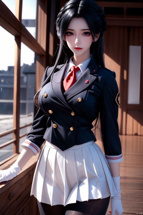  1girl, mature female, solo, looking at viewer, lace, strong rim light,(Indoor | Palace | Hall | Bedroom),gaoxiong, thighband pantyhose, uniform, black hair, ponytail, white gloves, military uniform, pleated skirt, bow, black pantyhose, hair bow, large breasts, very long hair, miniskirt, panties under pantyhose, sheath, underwear,, long sleeves, white skirt, bangs, buttons, double-breasted, white bow, sheathed,Blue,Punk，best quality masterpiece,8k,(detailed shoujo manga style:1.4),2girls,beautiful,absurdres,school uniform,yuri,serafuku,eye contact,school window sunset lighting