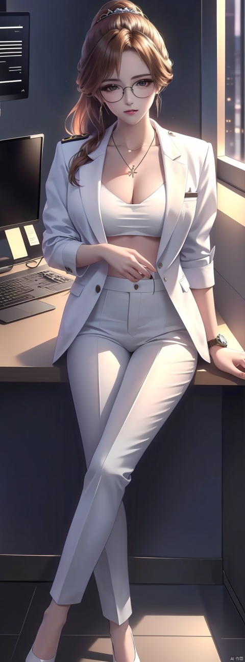  (female): solo, (perfect face), (detailed outfit), (20 years old), beautiful female,content, calm, (crossed legs), auburn hair, long hair, ponytail hair, green eyes, (dark skin), Big Boobs, (light blue business shirt, white coat), (grey business pants), (glasses), (hairpin), (necklace), (wristwatch),(Cleavage)

(background): from above, indoor, office, desks, computers, windows, office supplies, afternoon, clear

(effects): (masterpiece), (best quality), (sharp focus), (depth of field), (high res), more_details:-1, more_details:0, more_details:0.5, more_details:1, more_details:1.5, tan, dark skin, more_details:-1, more_details:0, more_details:0.5, more_details:1, more_details:1.5, tan, dark skin, 1girl,Police uniform, police officer clothes, details police clothes, indoor, police station, police station, underboob, shirt, , Esdeath