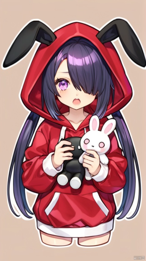  1girl, ame-chan_(needy_girl_overdose), animal_hood, animated, awayuki_(awyk_1), black_hair, bow, brown_background, character_doll, chibi, commentary_request, doll, hair_ornament, hair_over_one_eye, holding, holding_doll, hood, hood_up, hoodie, long_hair, looking_at_viewer, needy_girl_overdose, official_alternate_costume, open_mouth, outline, pill, purple_eyes, purple_hair, rabbit_hood, red_hoodie, solo, twintails, upper_body, video, white_bow, white_outline, x_hair_ornament, autoappealing, autoappealingdb, best quality, masterpiece, nai3