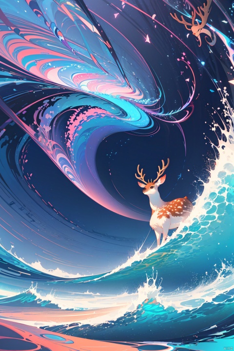 (Psychedelic painting of a deer standing in front of a colorful swirl), ((multiple antlers, stag, big head)), bright colors, thick lines, waves, multiple layers, foreground, perspective, fractal Thunder Dan Mumford , Dan Mumford and Alex Gray style, psychedelic surreal art, surreal psychedelic design, dream art style, illusion psychedelic art, infinite psychedelic waves, inspired by Cyril Rolando Rolando), realistic ripple structure, psychedelic art style, psychedelic art, psychedelic illustration
