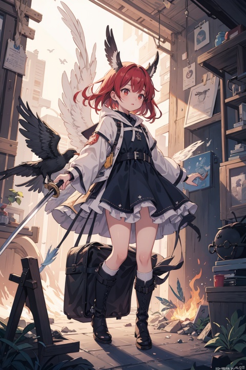  arknights,official art,extremely detailed CG unity 8k wallpaper,((masterpiece)),(((best quality))),((ultra-detailed)),((illustration)), ((disheveled hair)),self-possessed,Phoenix,(personification),red hair,(feathers),(guard),fire,(sword),(boots),bird tail,glove,Many islands are suspended in the air with many small airships flying around,cities,fantasy,magical plants growing,extreme details,realistic light,epic composition,(complex details),(complex design),(ultra-details:1.2),Art Station,(Masterpiece),(Best Quality),Ultra HD,32k