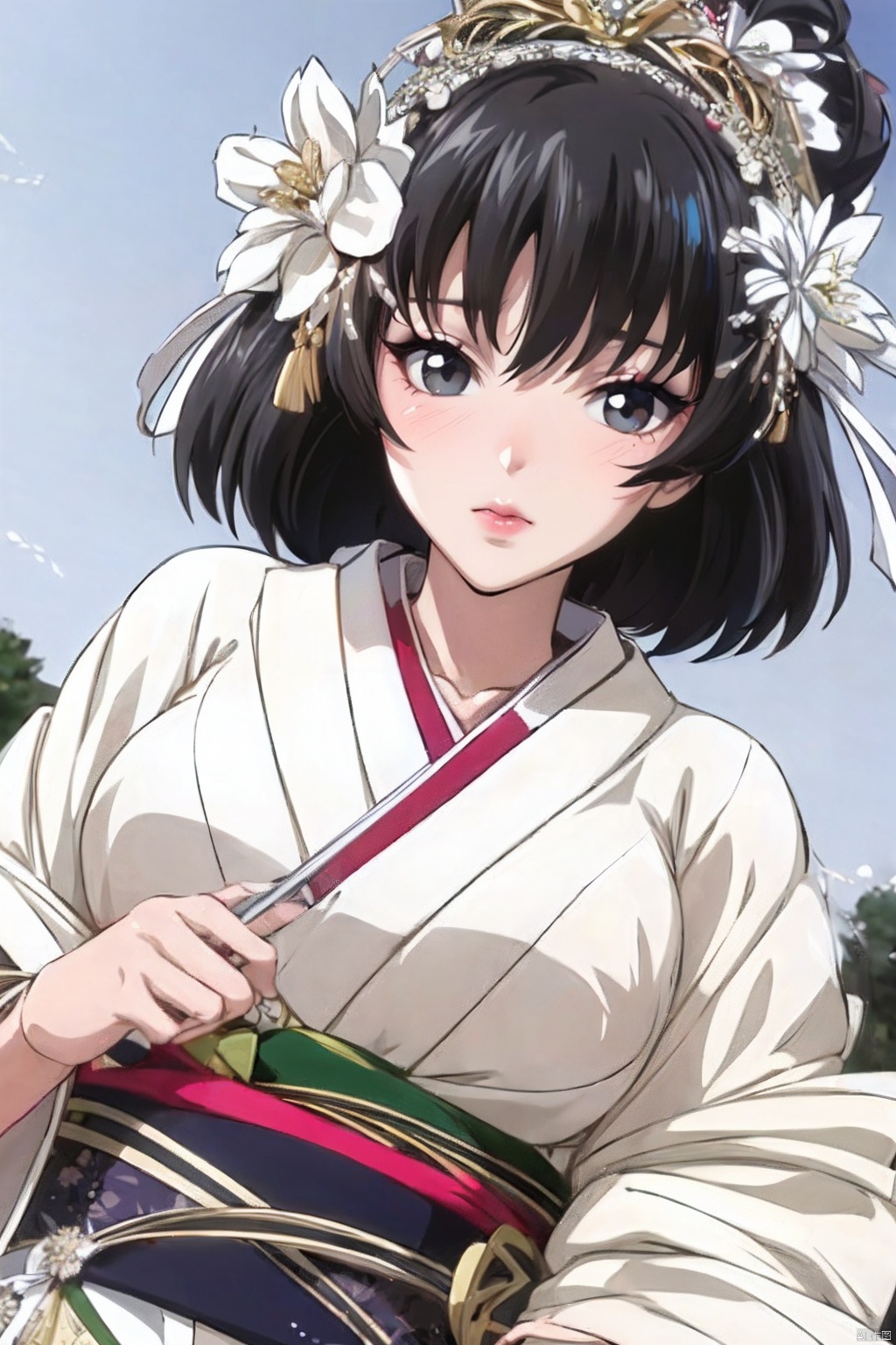  a beautiful anime character with an ornate costume poses amid blooming daisies, 1girl, flower, solo, hair ornament, holding, black hair, hair flower, looking at viewer, kimono, japanese clothes, red lips, holding weapon, weapon, sash