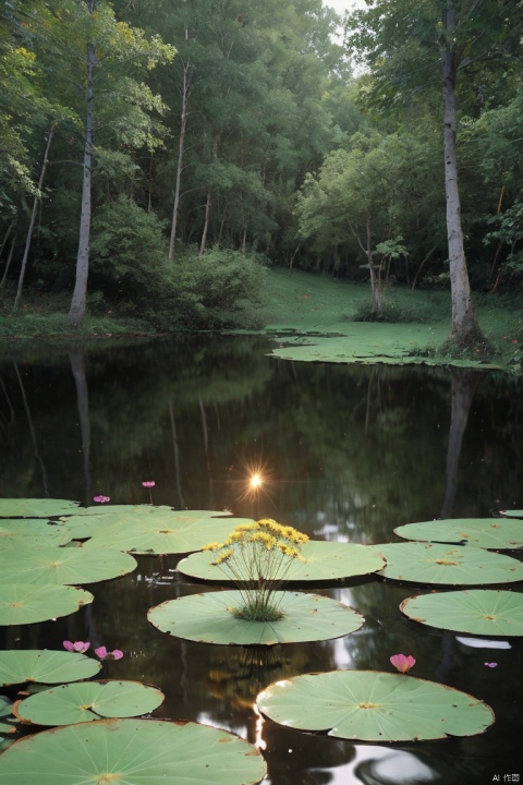 Small anthill made out of flowers and grass on a lilypad on a pond in a mythical Forest with fairys and butterflies around it fireflies