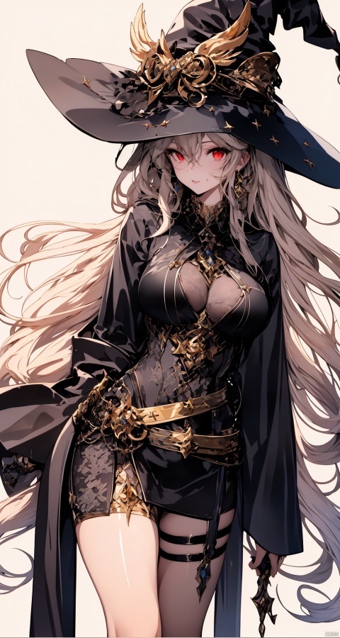  Red eyes, evil, golden, shiny, gold hair,High detailed ,midjourney,perfecteyes,Color magic,urban techwear,hmochako,better witch,witch, witch,Long hair ,long hair