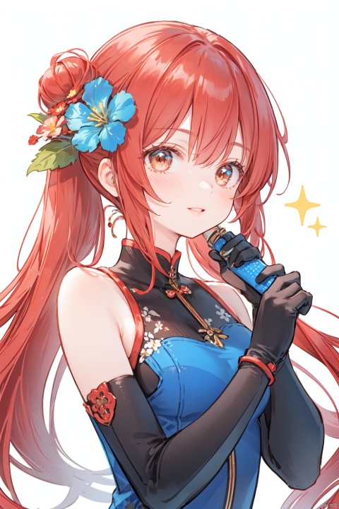  1girl, solo, hair ornament, gloves, looking at viewer, bangs, flower, dress, bare shoulders, brown eyes, red hair, breasts, elbow gloves, red gloves, medium breasts, sleeveless, hair flower, red dress, upper body, smile, shiny hair, blush, shiny, sleeveless dress, simple background, lips, parted lips, page number, chinese clothes, hair bun, closed mouth, jewelry, floral print，Close up of a female soldier, futuristic, armoured blue spacesuit, holding a rifle, background is rocky terrain with three moons