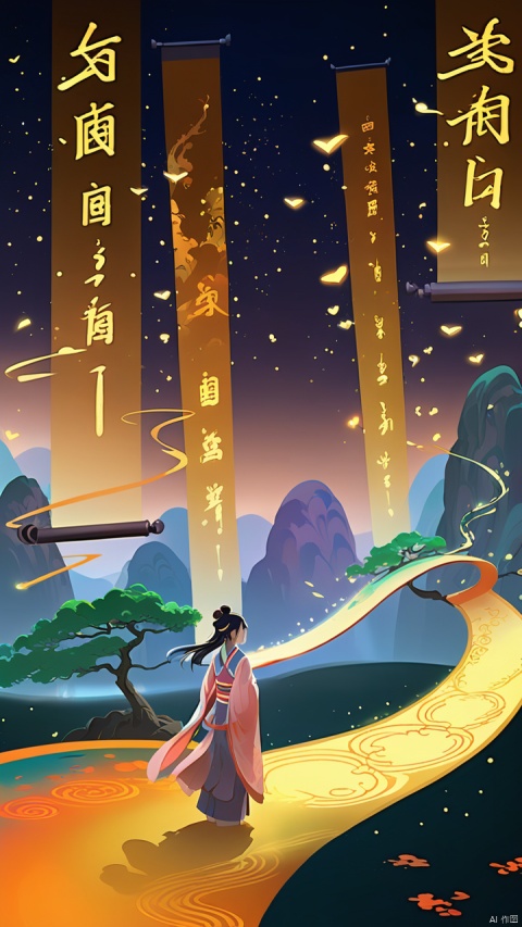  Ash,(Huge scroll floating in the sky) A girl, fantasy concept, glowing text color river particles, scenery, trees, mountains, Zen Chinese festival aesthetics