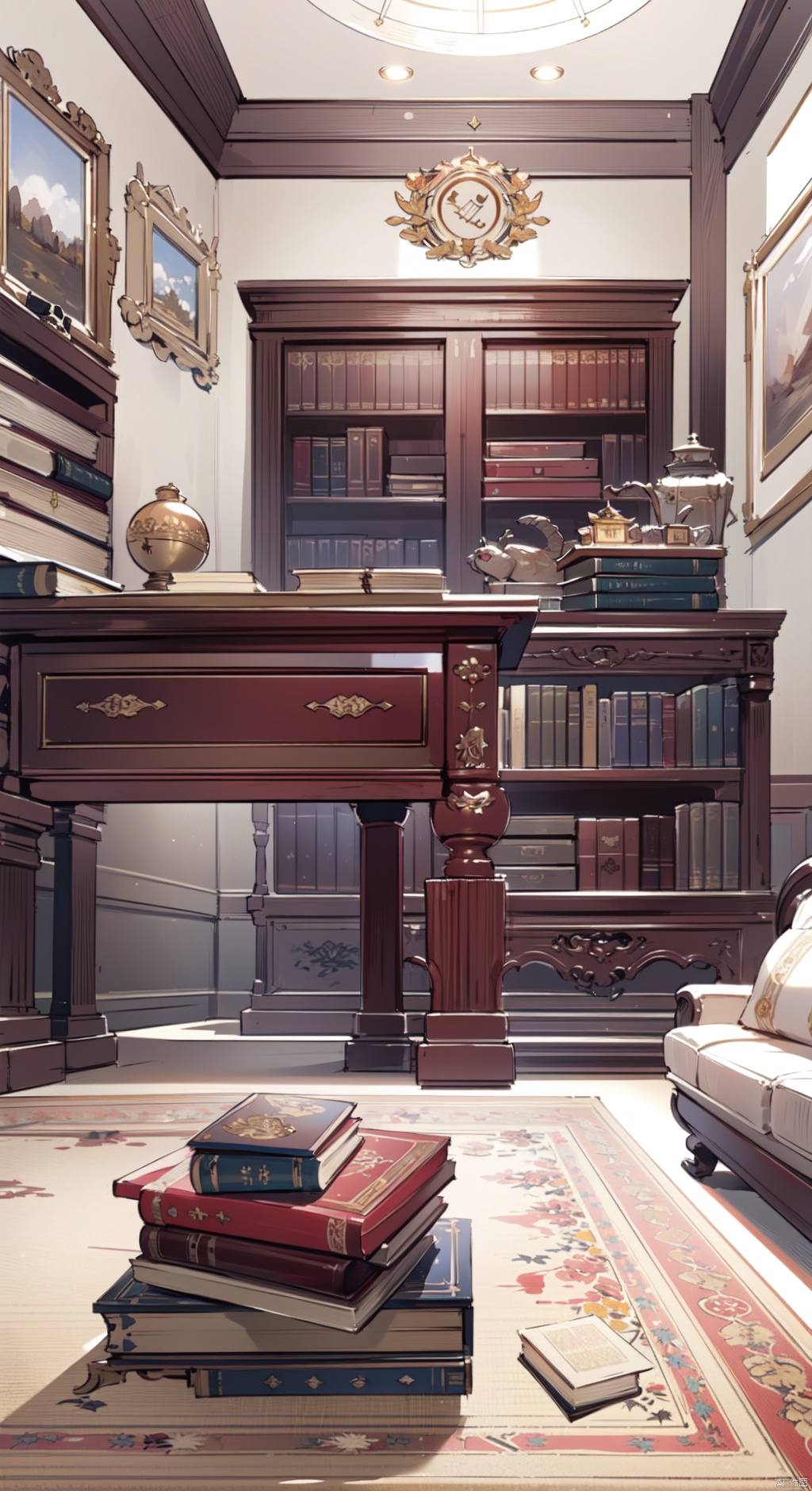 (((Reasonable scenery configuration))),high-quality carpet and various objects scattered on top,including ancient artifacts,stacked ornate books,and parchment scrolls. Despite the many items,the scene looks remarkably organized and tidy.