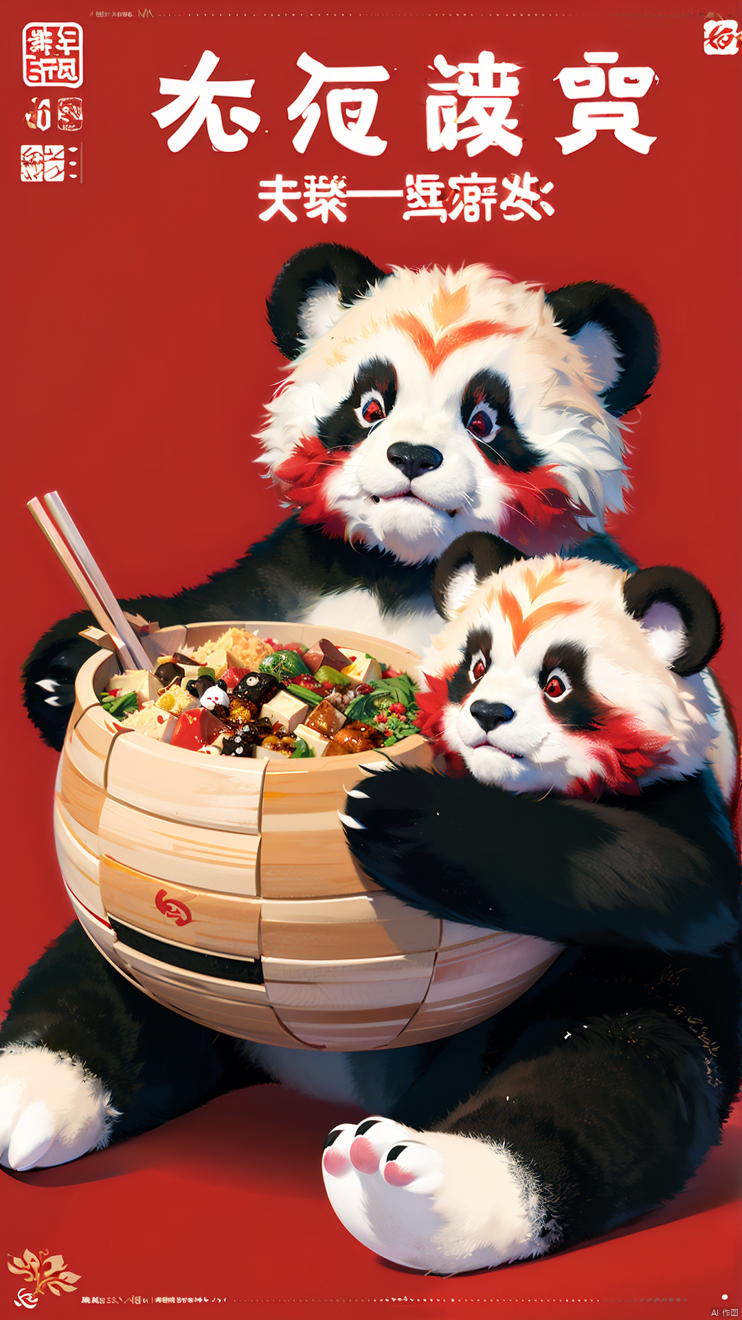 cartoon panda with a lot of food on a red background, mapo tofu cartoon, red panda on a propaganda poster, panda panda panda, inspired by Luo Ping, a beautiful artwork illustration, hand painted cartoon art style,inspired by Luo Mu, chinese new year in shanghai