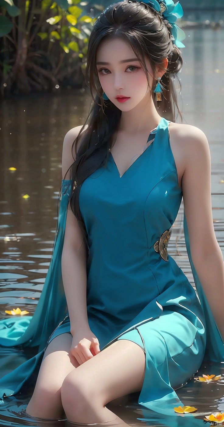 Clear face, masterpiece, ultra-detailed, epic composition, high quality, highest quality, 4k, a beautiful girl, turquoise dress, sitting on a large lotus leaf, lotus, sunlight