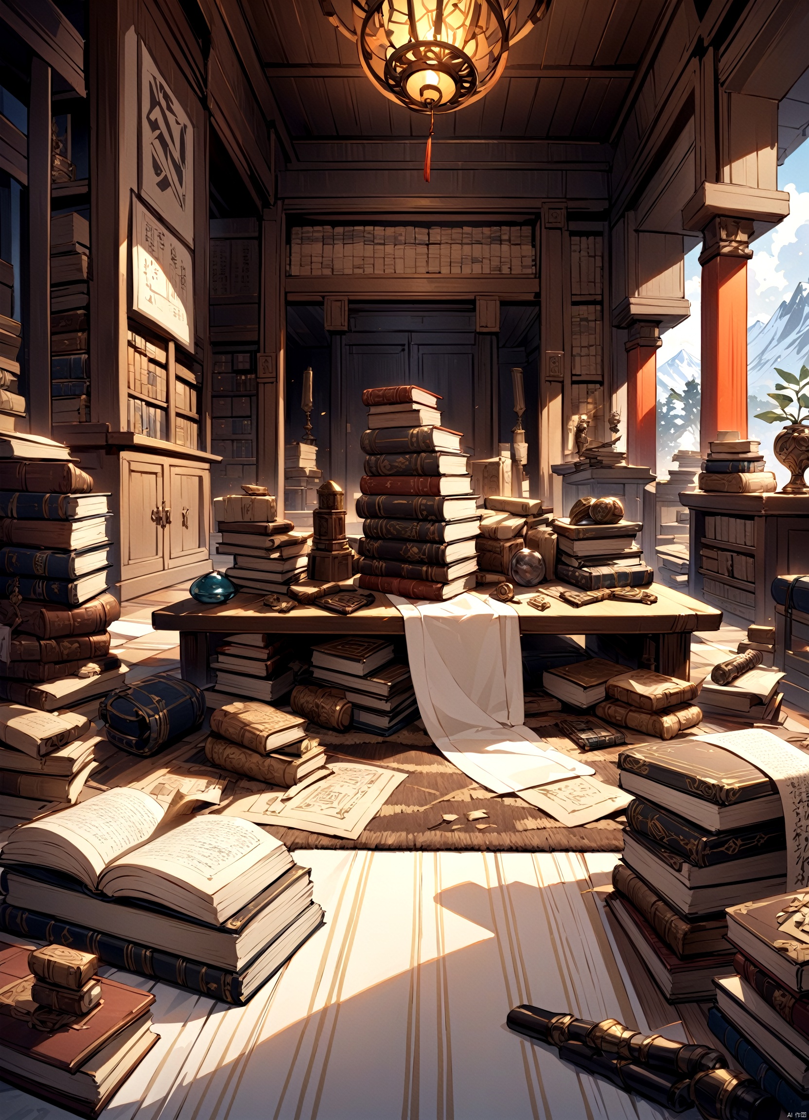 (((Reasonable scenery configuration))),high-quality carpet and various objects scattered on top,including ancient artifacts,stacked ornate books,and parchment scrolls. Despite the many items,the scene looks remarkably organized and tidy.