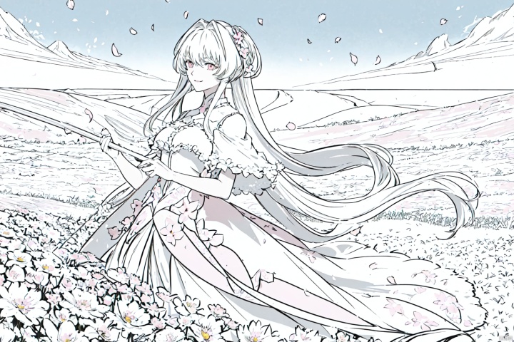  masterpiece,best quality,lady_avalon_(fate), 1girl, solo, looking_at_viewer, smile,petals,flowers meadows,landscape,white and pink flowers, line anime