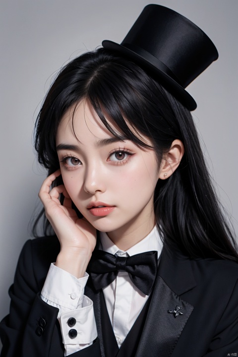 black_top_hat, black_tuxedo, bow_tie, black_slacks, white_shirts_oficial, hold_cane, <lora，more_details，0.5>, black_hair, red_eyes, red_halo, 2_black_wings, beautiful_hair, beautiful_eyes, 1_beautiful_girl, cute_face, beautiful_face, beautiful, best_quality, good_anatomy