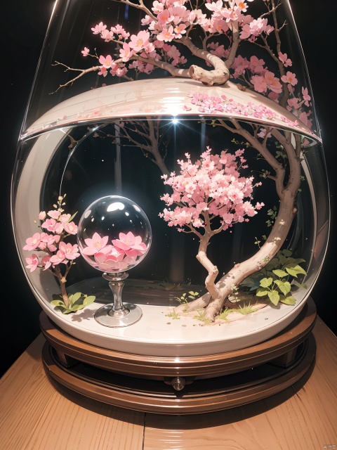 Pink glowing_glass sculpture of a Sakura tree, on a nightstand, depth of field, fisheye,
